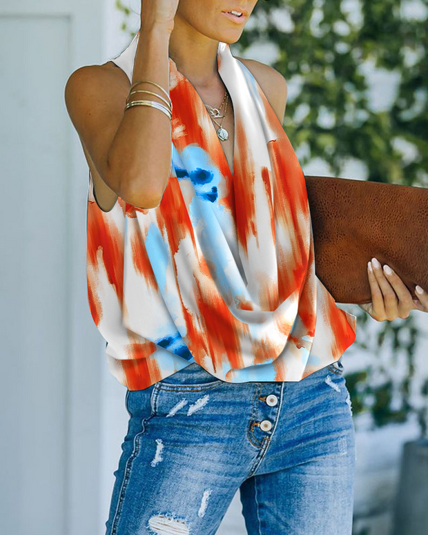 Loose Urban Cowl Neck Abstract Print Top