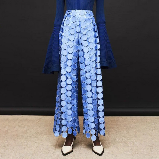 High Waisted Wide Leg Hollow Polka Dot Solid Color Pants Trousers