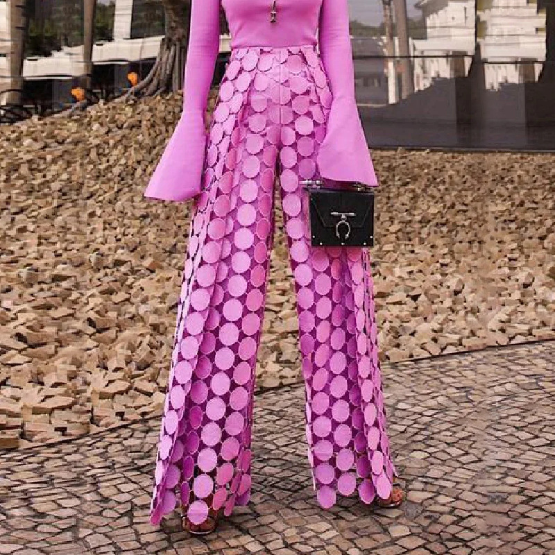 High Waisted Wide Leg Hollow Polka Dot Solid Color Pants Trousers