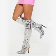 Mirror Disco Ball Knee High Heeled Boots