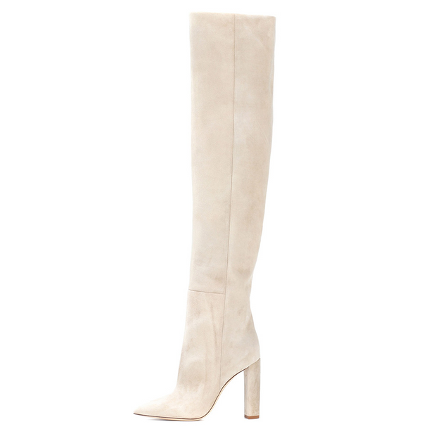 Suede Pointed Toe Chunky Heel Over The Knee Boots