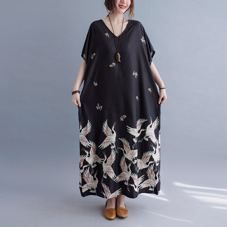 Black Oversized V Neck Long Casual Dress