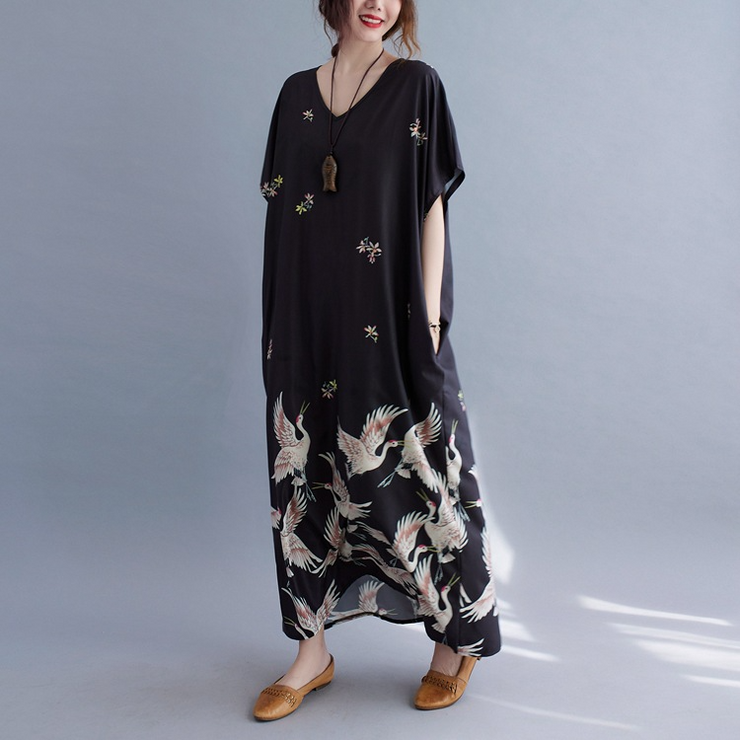 Black Oversized V Neck Long Casual Dress