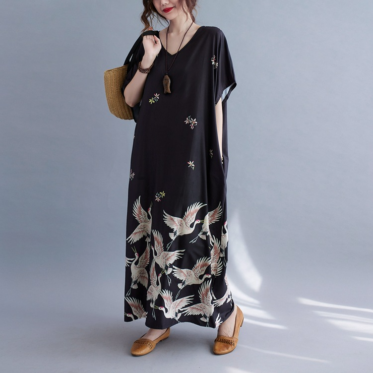 Black Oversized V Neck Long Casual Dress