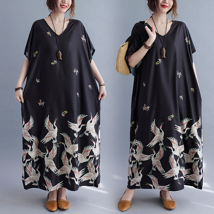 Black Oversized V Neck Long Casual Dress