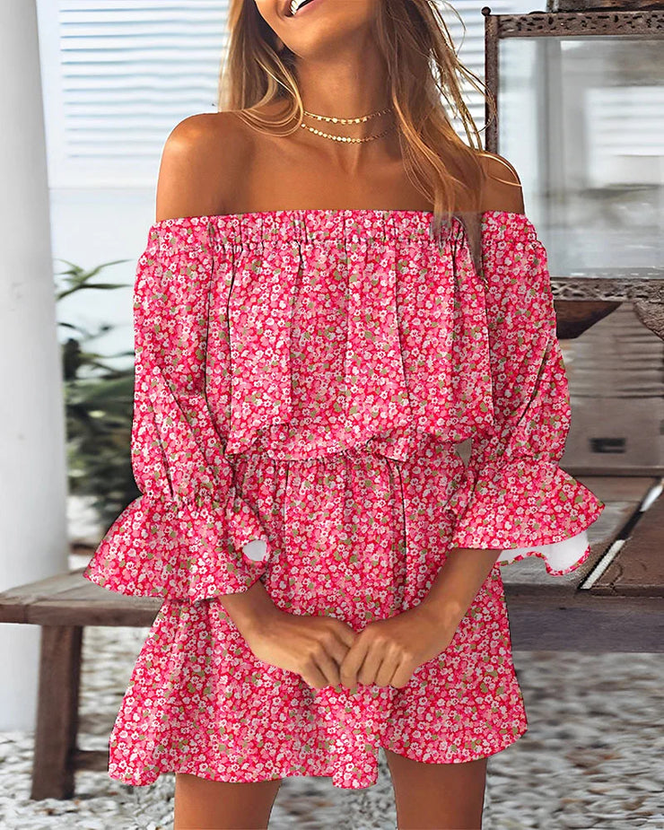 Pink Ditsy Floral Print Off Shoulder Casual Dress