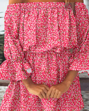 Pink Ditsy Floral Print Off Shoulder Casual Dress