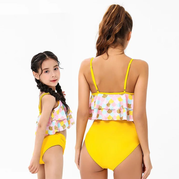 Yellow Ruffles Jewel Neck Backless Summer Swimwear