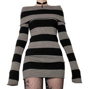 Off Shoulder Long Sleeve Striped Knit Mini Dress