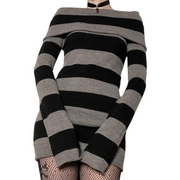 Off Shoulder Long Sleeve Striped Knit Mini Dress