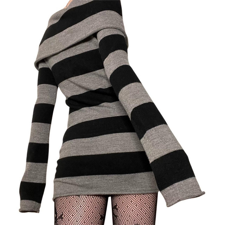 Off Shoulder Long Sleeve Striped Knit Mini Dress