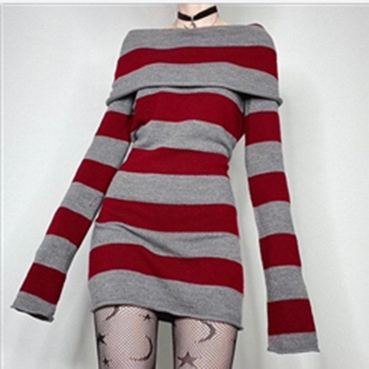 Off Shoulder Long Sleeve Striped Knit Mini Dress