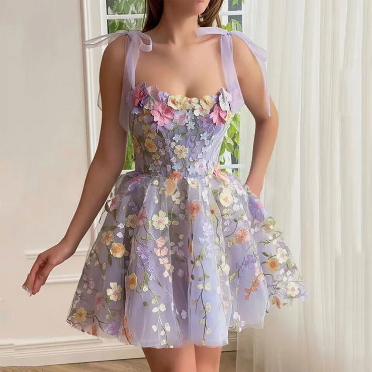 Flower Embroidery Sleeveless Sexy Suspender Belt Mini Dress