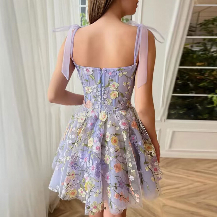 Flower Embroidery Sleeveless Sexy Suspender Belt Mini Dress