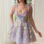 Flower Embroidery Sleeveless Sexy Suspender Belt Mini Dress