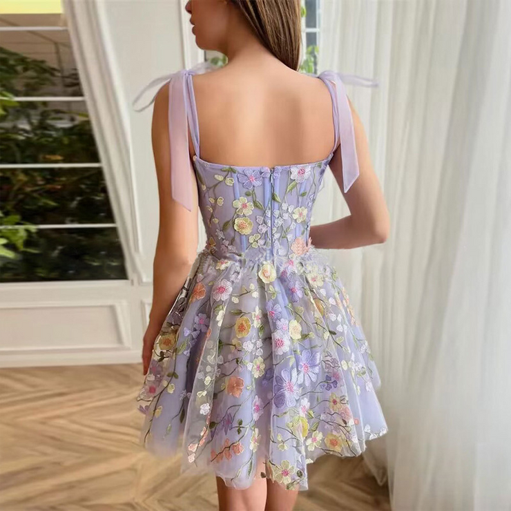 Flower Embroidery Sleeveless Sexy Suspender Belt Mini Dress