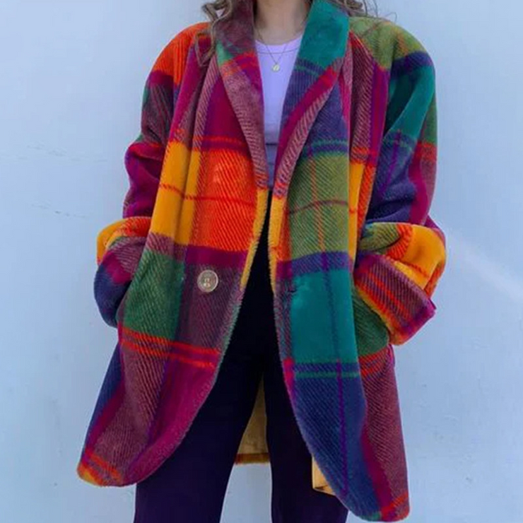 Plaid Full Sleeves Lapel Coat