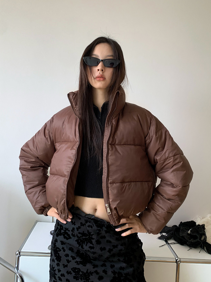 Stand Collar Front Zipped Cropped Puffer Jacket