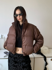 Stand Collar Front Zipped Cropped Puffer Jacket