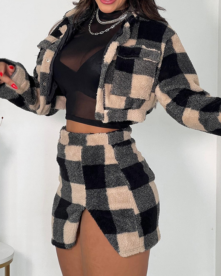 Plaid Crop Teddy Jacket and Slit Skirt Set