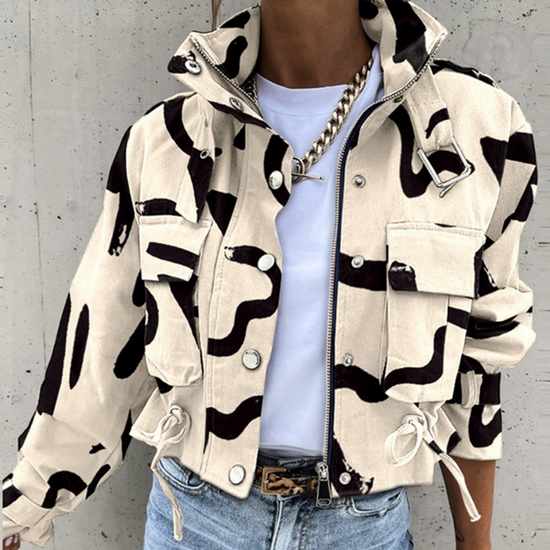 Abstract Print Long Sleeve Biker Jacket