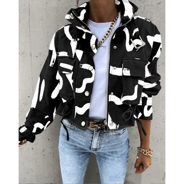 Abstract Print Long Sleeve Biker Jacket