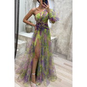 Oblique Shoulder Long Slit Maxi Dress