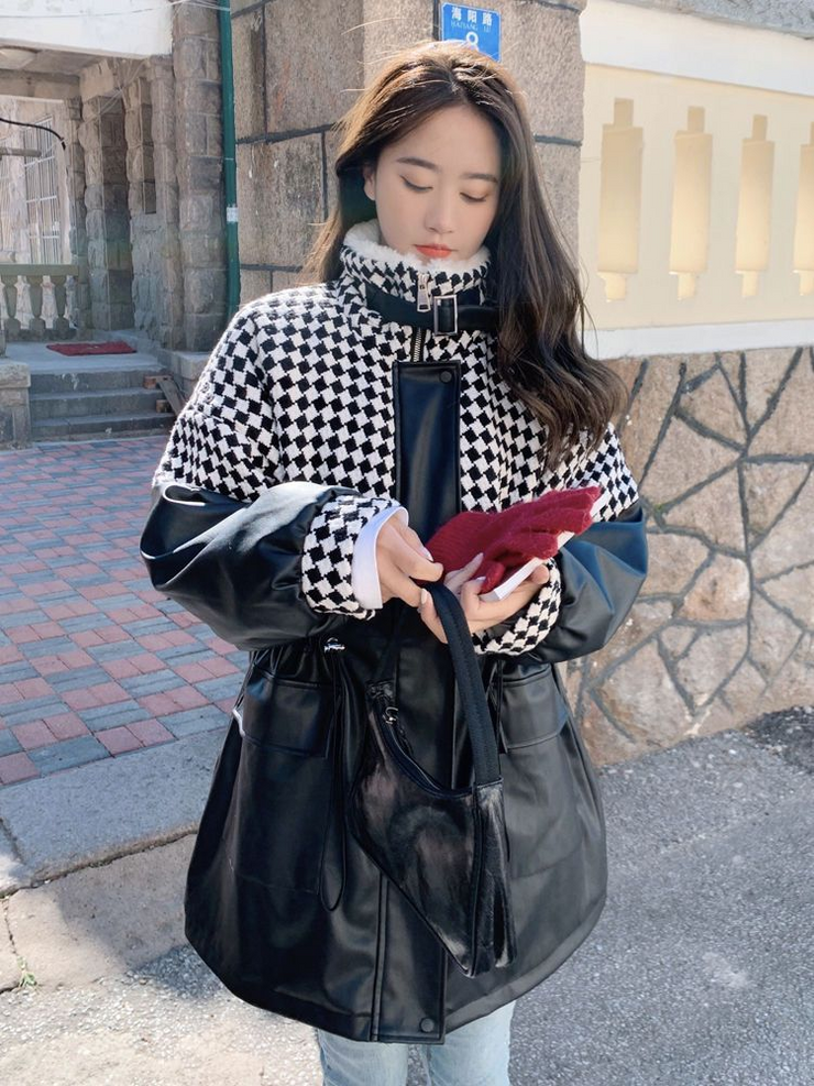 Plaid Print PU Leather Coat