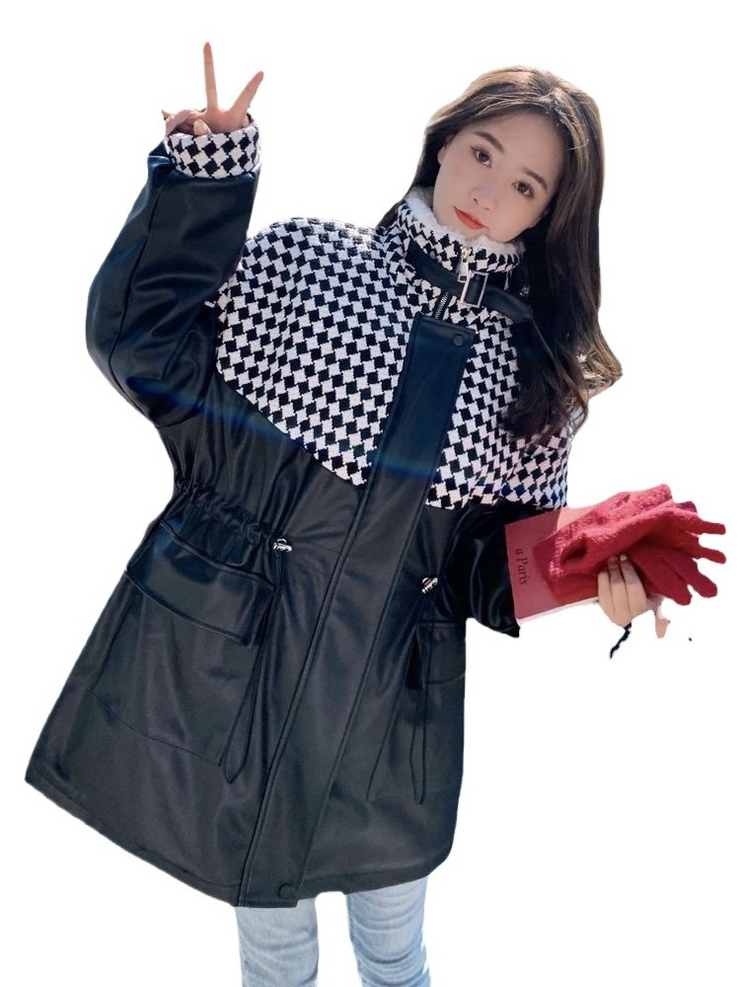 Plaid Print PU Leather Coat