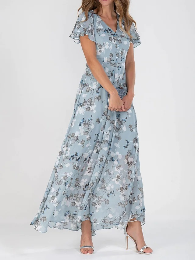 Floral Printed Short Sleeves Maxi Dress