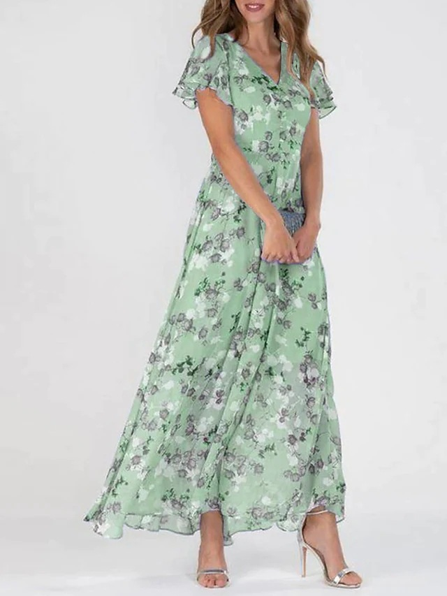 Floral Printed Short Sleeves Maxi Dress