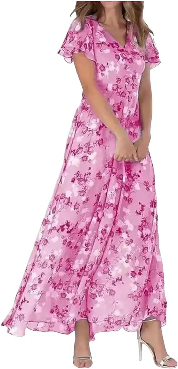 Floral Printed Short Sleeves Maxi Dress