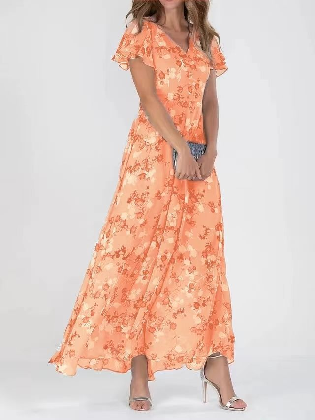 Floral Printed Short Sleeves Maxi Dress