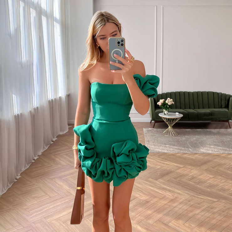 One Shoulder Sleeveless Ruffle Mini Dress