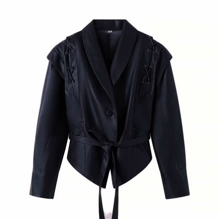 Faux Leather Tie Front Crossed Button Jacket