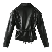 Faux Leather Tie Front Crossed Button Jacket