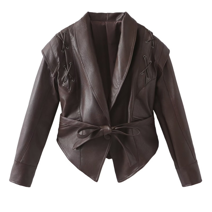 Faux Leather Tie Front Crossed Button Jacket