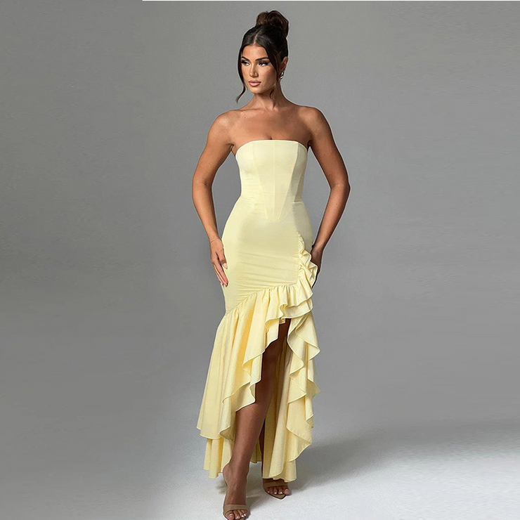 Strapless Sleeveless Ruffle Hem Maxi Dress