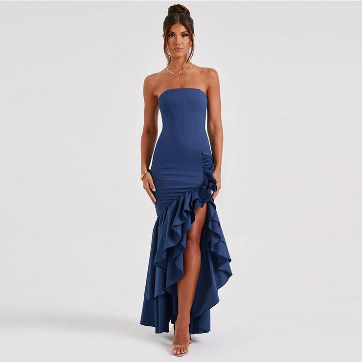 Strapless Sleeveless Ruffle Hem Maxi Dress