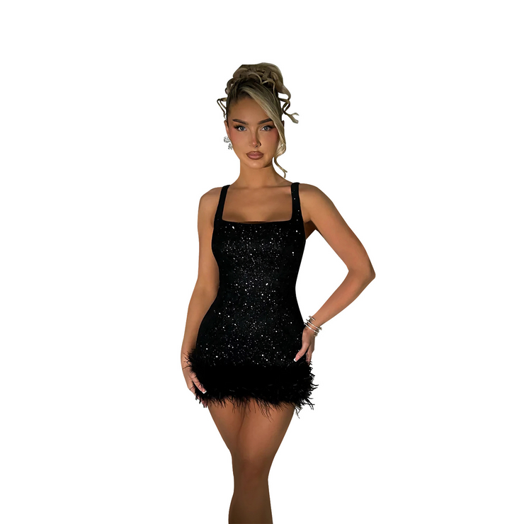 Square Neck Sparkle Feather Mini Dress