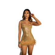 Square Neck Sparkle Feather Mini Dress