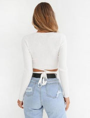 Long Sleeve V Neck Crop Top Strappy T Shirt