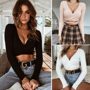 Long Sleeve V Neck Crop Top Strappy T Shirt