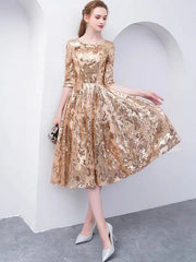 Gold Jewel Neck Half Sleeves Ball Gown Sequins Bridesmaid Dress