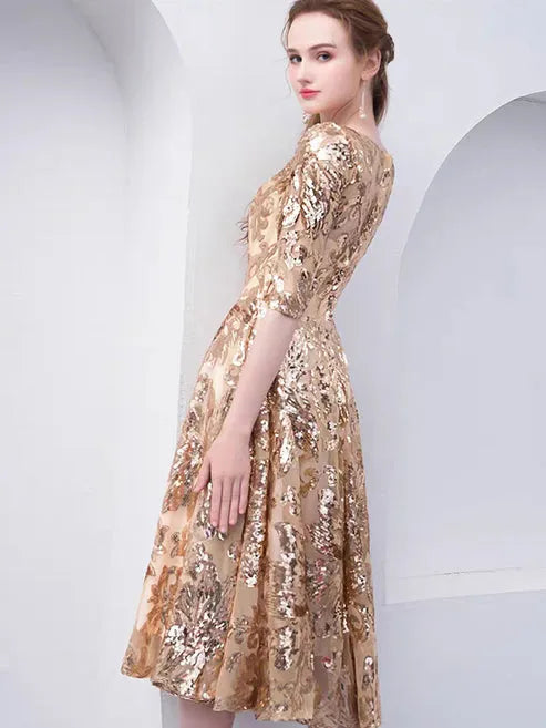 Gold Jewel Neck Half Sleeves Ball Gown Sequins Bridesmaid Dress