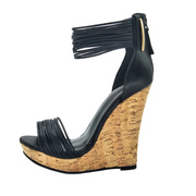 Black Cork Wedge Platform Sandals with Ankle Strap