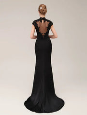 Black Lace Applique Short Sleeves Mermaid Evening Dress