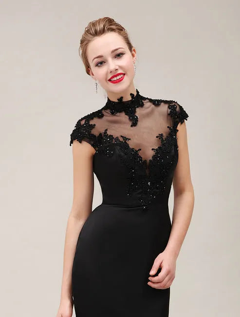 Black Lace Applique Short Sleeves Mermaid Evening Dress