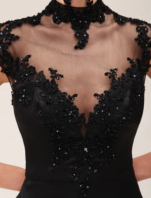 Black Lace Applique Short Sleeves Mermaid Evening Dress