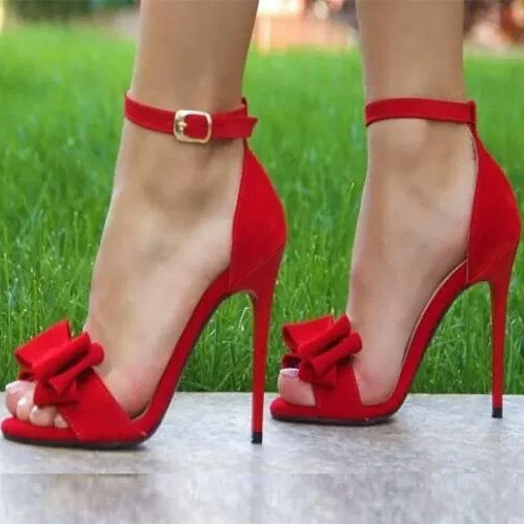 Red Stiletto Heels - Open Toe Dress Sandals with Bow Ankle Strap